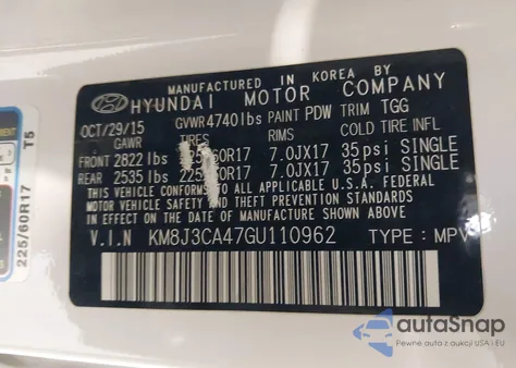 2016 Hyundai Tucson Se from USA, damaged, VIN KM8J3CA47GU110962